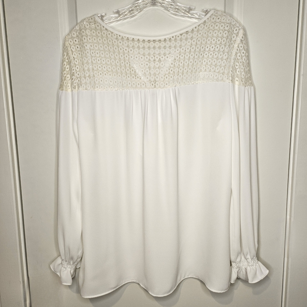 Boho Ivory Lace Yoke Peasant Blouse Tassel Tie Long Sleeve Size L Romantic Flowy - Picture 4 of 11
